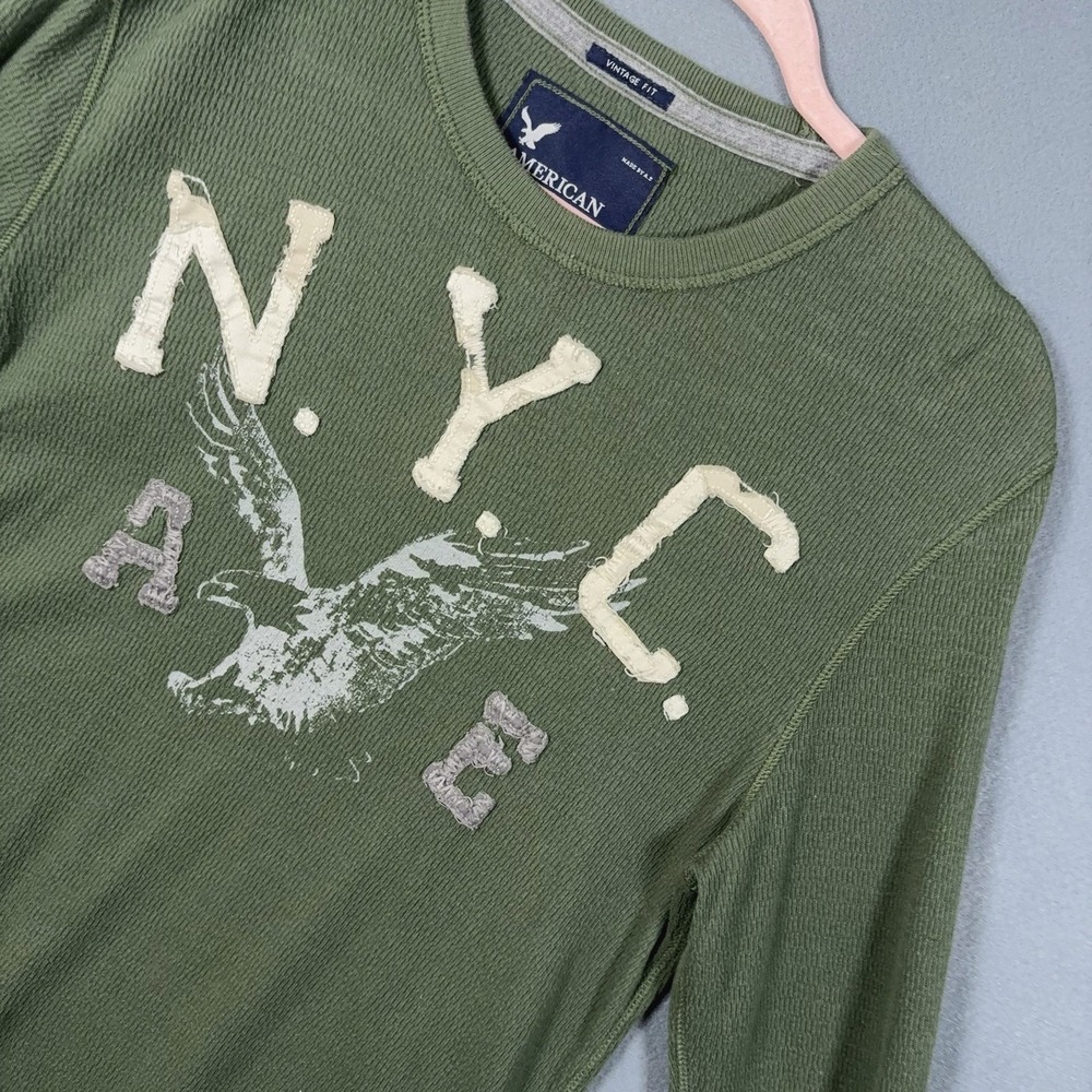 American Eagle Outfitter Waffle Knit Shirt Mens Sz L Green Vintage Fit Logo Y2K